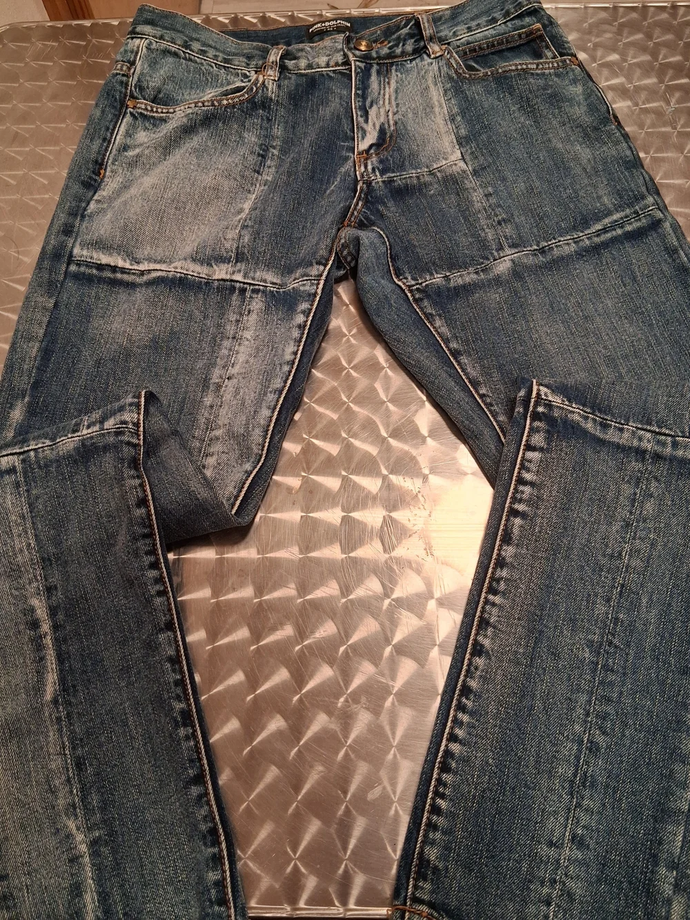 Pink Dolphin Men's Slim Straight Patchwork Jeans